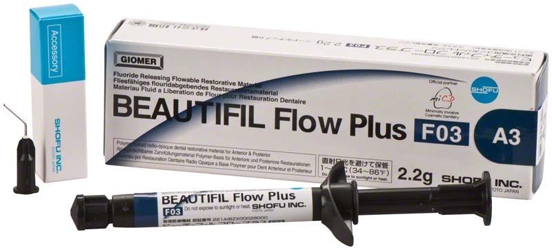 BEAUTIFIL Flow Plus Spritze F03 A3 mit Verpackung und Applikationsnadel.