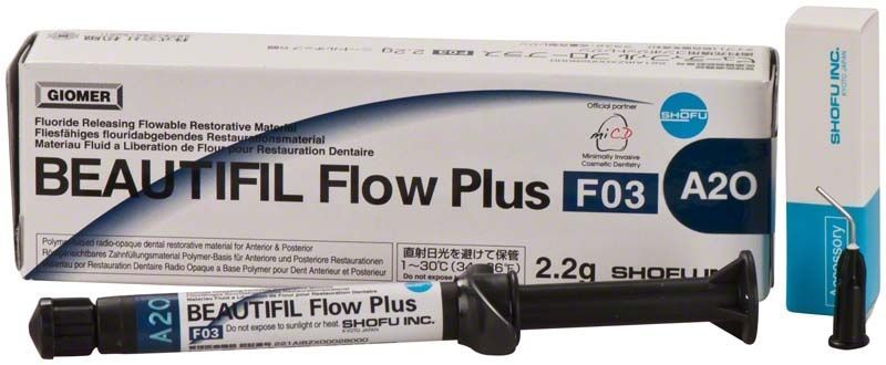 BEAUTIFIL Flow Plus Spritze F03 A2O mit Verpackung und Applikationsnadel.