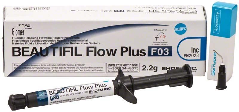 BEAUTIFIL Flow Plus Spritze F03 und Verpackung auf weißem Hintergrund.