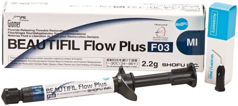 BEAUTIFIL Flow Plus Spritze F03 MI mit Verpackung und Zubehör.