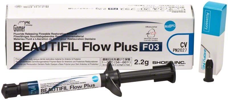 BEAUTIFIL Flow Plus Spritze F03 A2O mit Verpackung im Hintergrund.