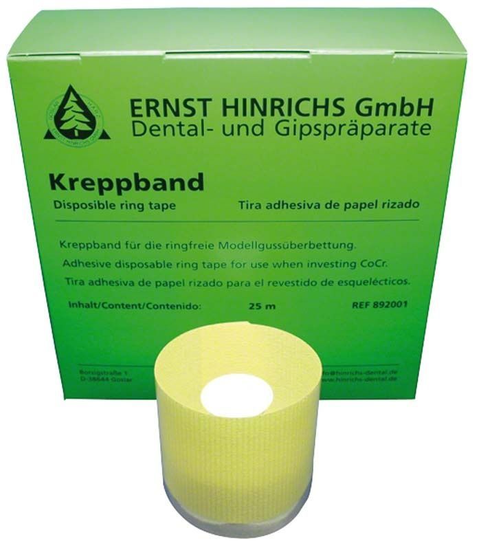 Kreppbandrolle vor grüner Verpackung mit Produktinformationen von ERNST HINRICHS.