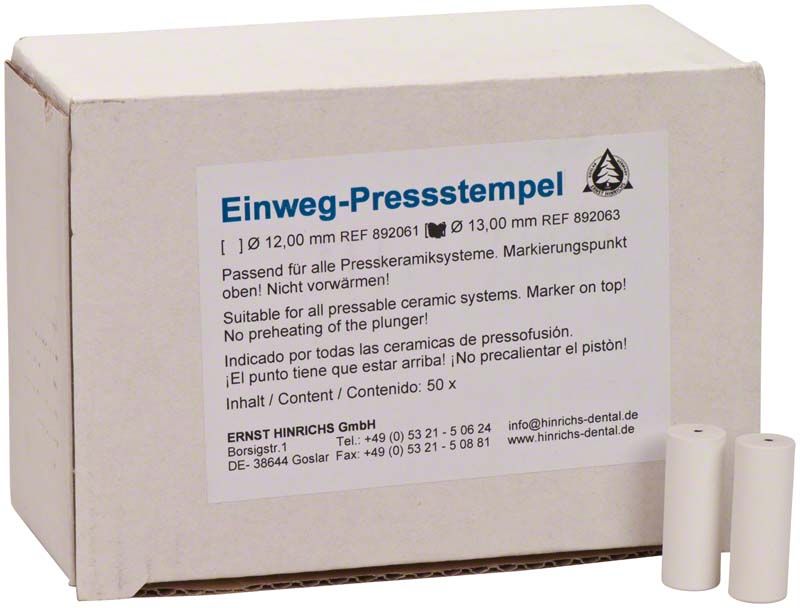 Einweg-Pressstempel-Verpackung mit zwei weißen Stempeln im Vordergrund.