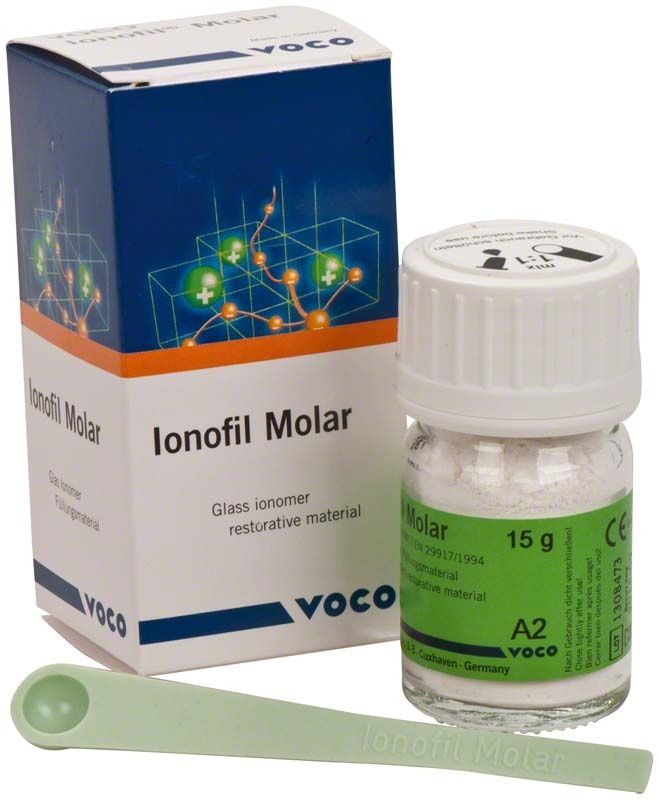 Ionofil Molar Pulver A2 in Glasflasche mit Verpackung und Dosierlöffel.