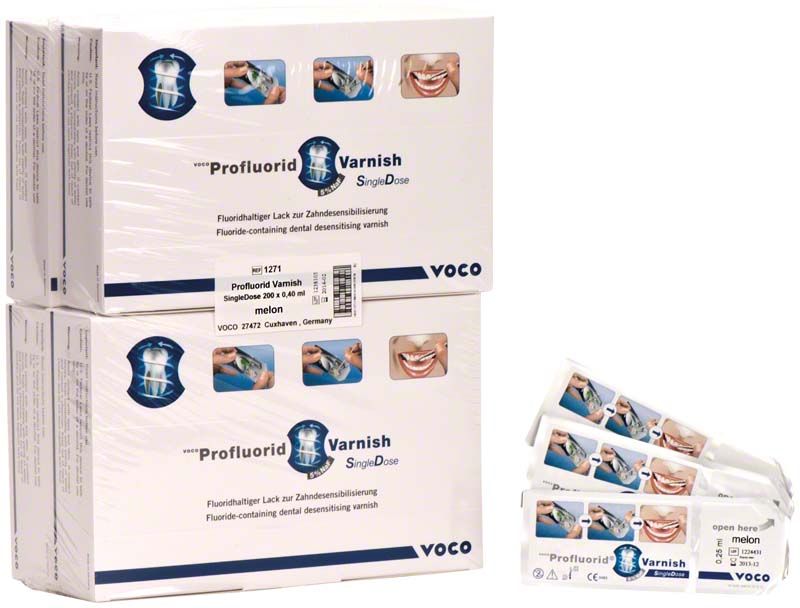 VOCO Profluorid® Varnish SingleDose Verpackung mit Zahnlack-Proben in Melonengeschmack.