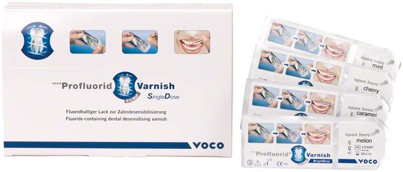 VOCO Profluorid® Varnish Einzeldosis-Packung mit 48 Fluoridlack-Applikatoren.