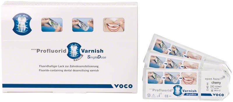 Verpackung von VOCO Profluorid® Varnish SingleDose Kirsche mit Produktabbildungen.