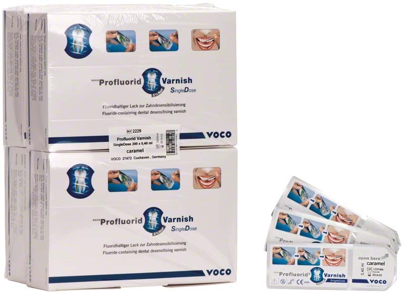 Fluoridhaltiger Lack VOCO Profluorid® Varnish in Einzeldosierung, Karamell-Geschmack.