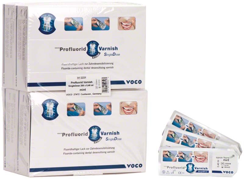 Verpackungen von VOCO Profluorid® Varnish SingleDose mit Minzgeschmack.