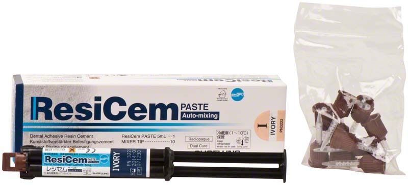 ResiCem Paste ivory in Spritze mit Mischkanülen und Verpackung.