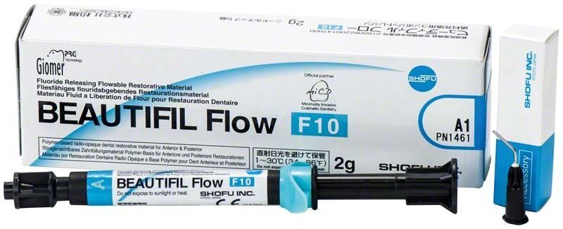 Lichthärtendes Composite Beautifil Flow F10 Spritze mit Verpackung.
