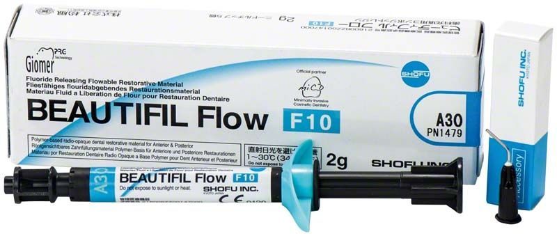 Beautifil Flow F10 Spritze und Verpackung für dentale Anwendungen.