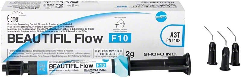Beautifil Flow F10 A3T Spritze mit Verpackung und Applikationsspitzen.