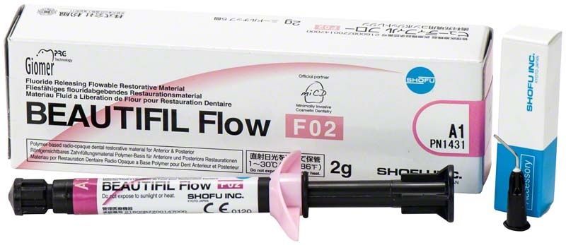 Beautifil Flow Spritze F02 mit Verpackung und Produktdetails.