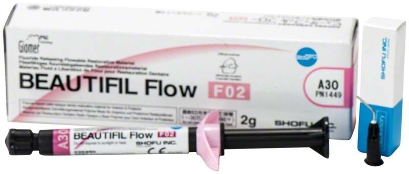 Beautifil Flow Spritze F02 A3O mit Verpackung und Applikationsspitze.
