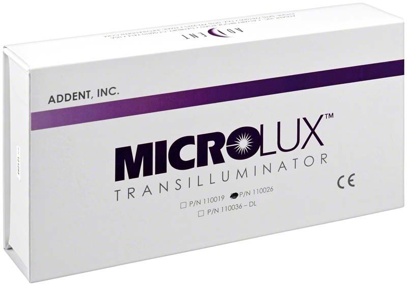 Microlux Transilluminator Verpackung mit Logo und Produktinformationen.