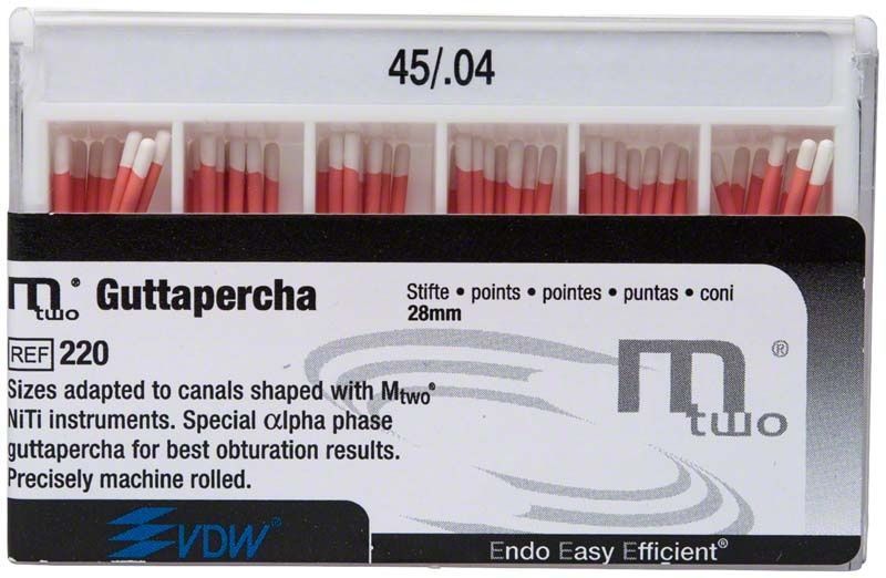 Mtwo Guttapercha Gr. 45/.04 weiß in Originalverpackung mit roten Spitzen.