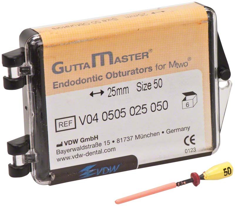 GuttaMaster Obturatoren ISO050 Packung mit sechs Stück und einem Obturator.