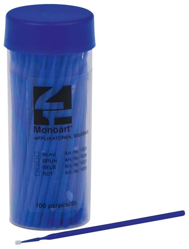 Monoart Applikatoren in blauem Kunststoffbehälter mit Applikator neben dem Behälter.