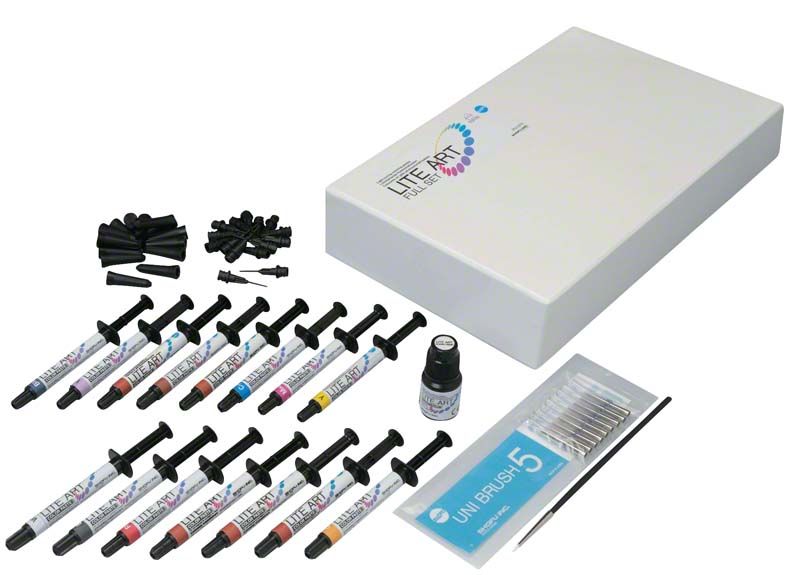 LITE ART Vollset mit lichthärtenden Pastenmalfarben und Zubehör für Zahnrestaurationen.