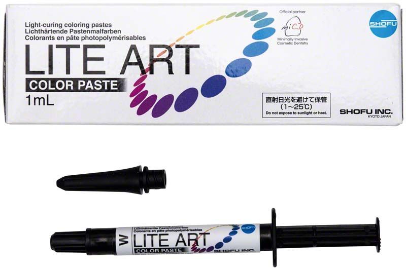 Lichtaushärtende Pastenmalfarben LITE ART Weiß mit Verpackung und Spritze.