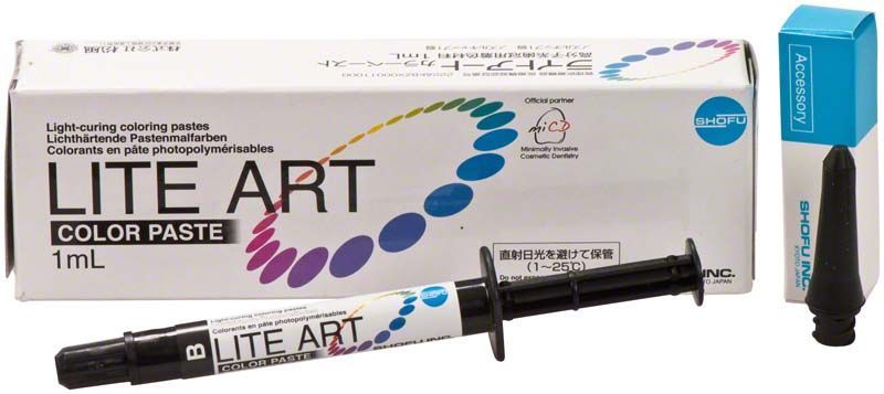 Lichtaushärtende LITE ART Farbpaste in schwarzer Spritze mit Verpackung.