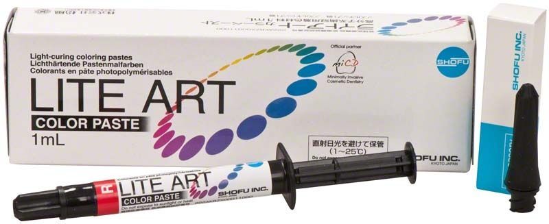 Lichtgehärtete Pastenmalfarben LITE ART Red in 1ml Spritze und Verpackung.