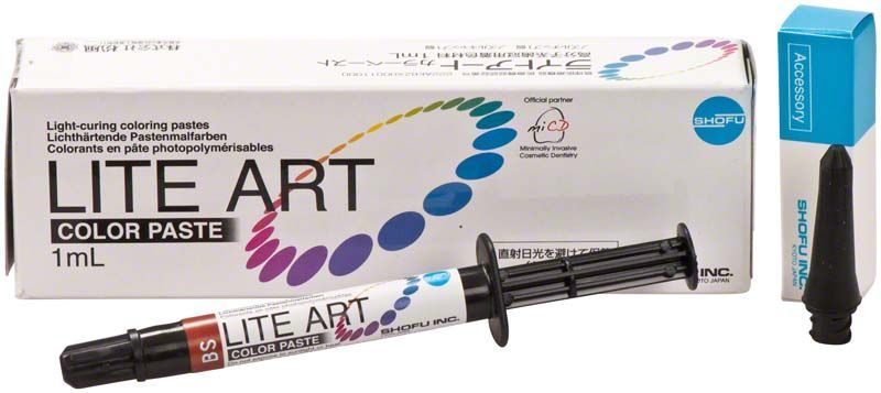 Lichtaushärtende Paste LITE ART B-Shade mit Verpackung und Applikatorspitze.