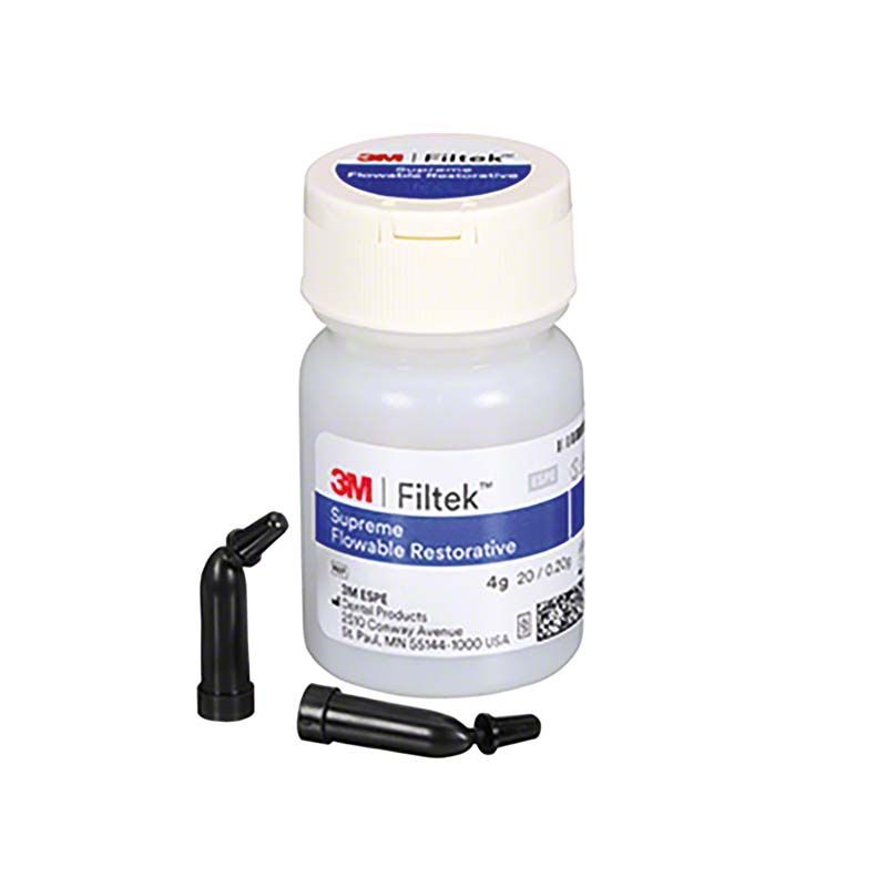 Filtek™ Supreme Flowable Kapseln W in weißer Flasche mit zwei schwarzen Kapseln.