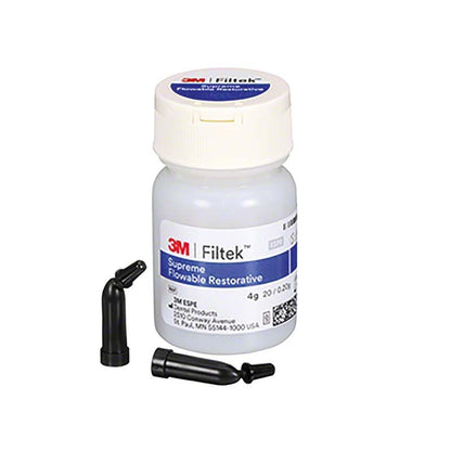 Filtek™ Supreme Flowable Kapseln W in weißer Flasche mit zwei schwarzen Kapseln.