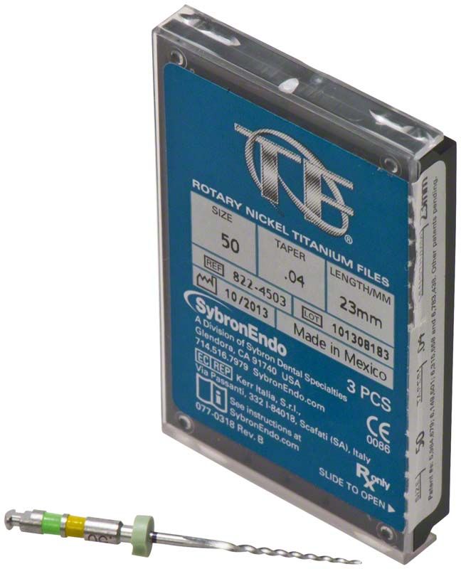 SybronEndo TF® Twisted Feilen 23mm 50/.04 in Verpackung mit Bohreransicht.