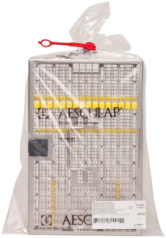 Siebtray mit fünf Instrumentenstegen, verpackt in transparenter Plastikhülle.