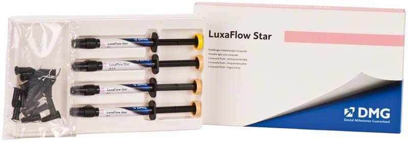 Luxaflow Star Sortiment mit vier Spritzen und Applikationsspitzen in einer Verpackung.