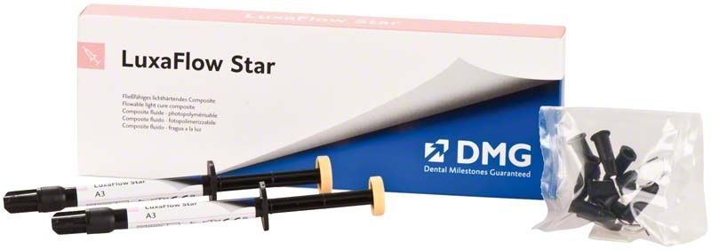 Luxaflow Star Spritze A3 mit Verpackung und Zubehör auf weißem Hintergrund.