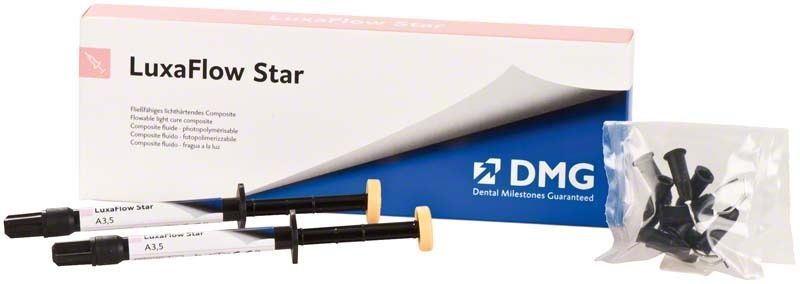LuxaFlow Star Spritze A3,5 mit Verpackung und Applikationsdüsen.