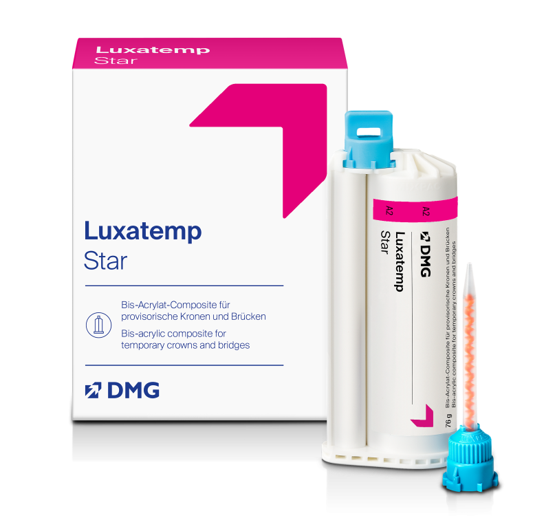 Luxatemp Star Smartmix B1 Kartusche mit Applikationsspitze vor Verpackung.