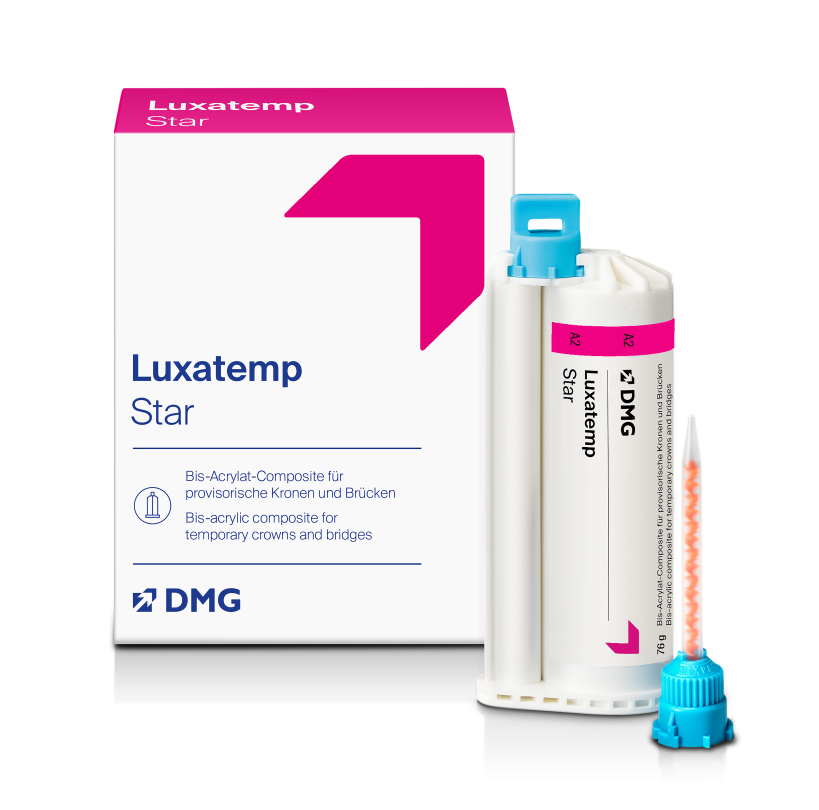 Luxatemp Star Smartmix Kartusche mit Verpackung im Hintergrund.