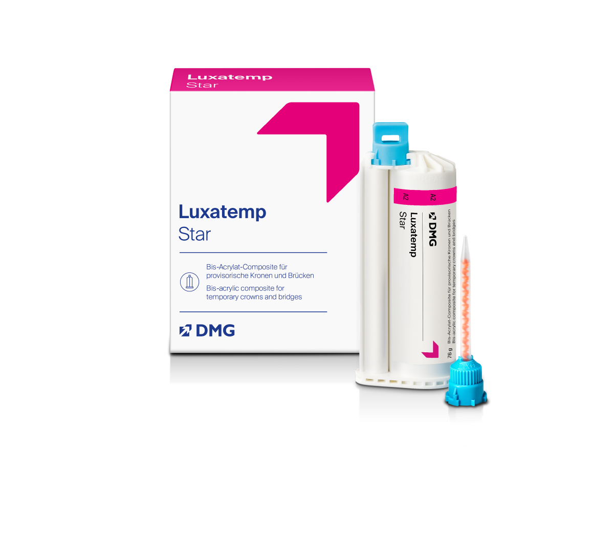 Luxatemp Star Kartusche A2 76g mit Verpackung und Applikationsspitze.