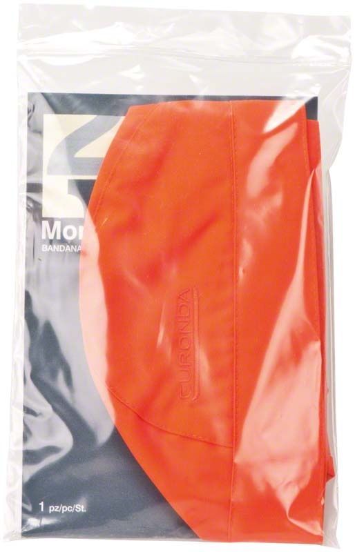 Orangefarbene Monoart Bandana Kopfhaube in transparenter Verpackung.