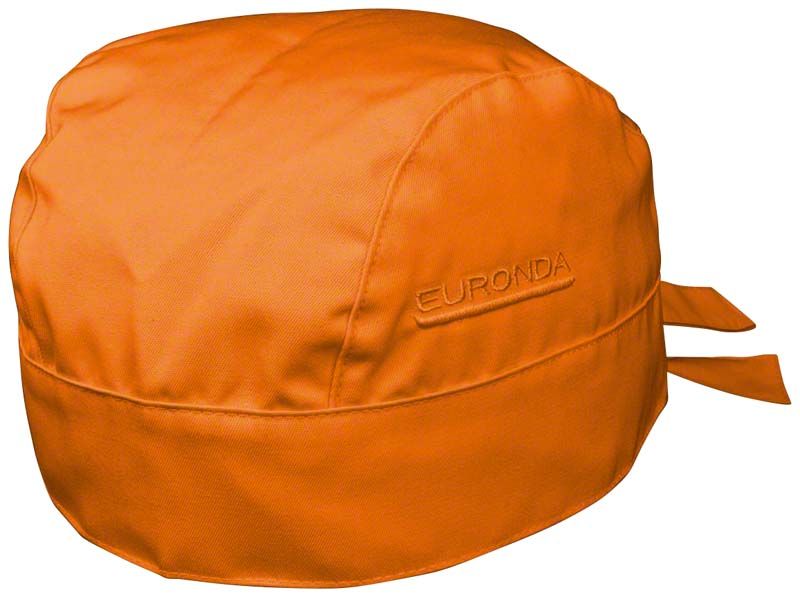 Orangefarbene Monoart Bandana Kopfhaube mit gesticktem "Euronda"-Logo.