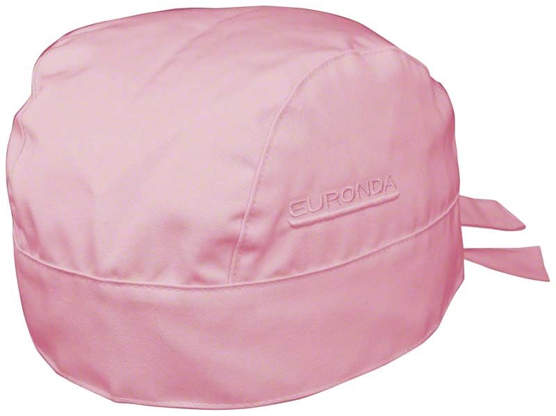 Rosa Monoart Bandana Kopfhaube mit gesticktem Logo und Bindebändern.