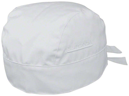 Weiße Monoart Bandana Kopfhaube mit seitlicher Aufschrift und Nackenbindebändern.