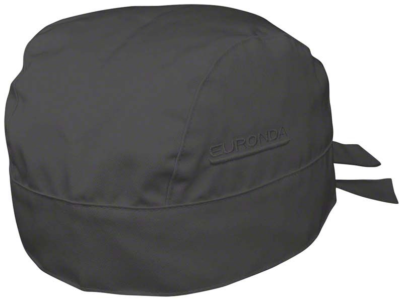 Monoart Bandana Kopfhaube schwarz mit Euronda-Logo, gebunden im Nacken.
