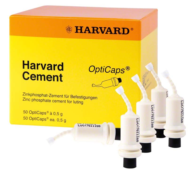 Harvard Cement OptiCaps 50 x 0,5g mit Verpackung und Einzelkapseln.