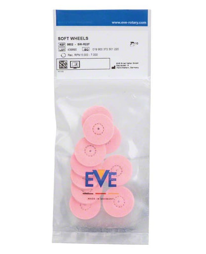 Weißer Beutel mit rosa EVE SOFT WHEELS für Dentaltechnik.