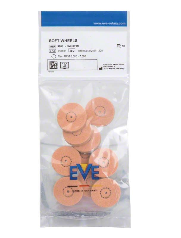 Weiche Polierscheiben in durchsichtiger Verpackung mit Etikett "EVE Soft Wheels".