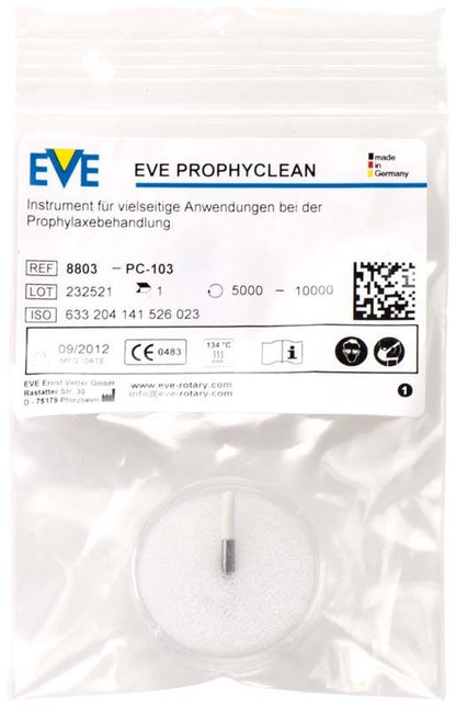 EVE PROPHYCLEAN® PC103 in Verpackung mit weißem zylindrischem Borstenkopf.