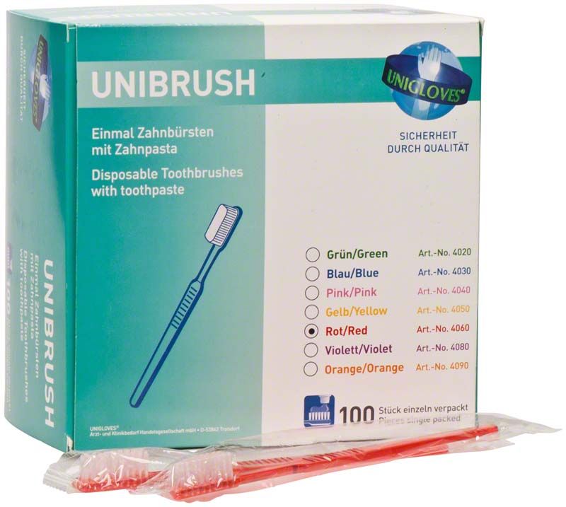Einmalzahnbürsten rot von medic-star, einzeln verpackt mit Zahnpasta.