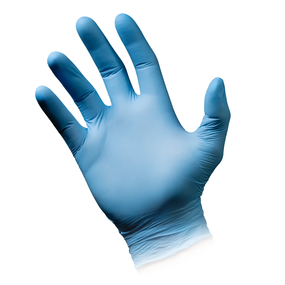 Blauer Nitrilhandschuh an einer ausgestreckten Hand, texturiert für sicheren Griff.