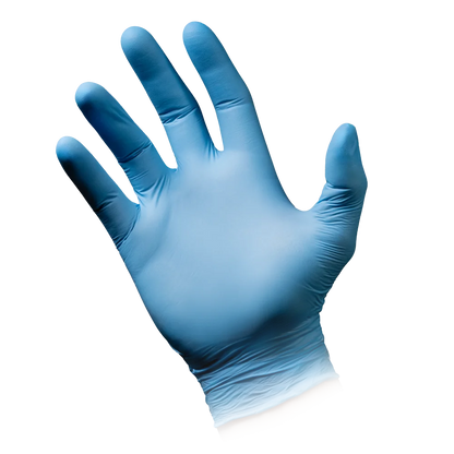Blauer Nitrilhandschuh an einer ausgestreckten Hand, texturiert für sicheren Griff.